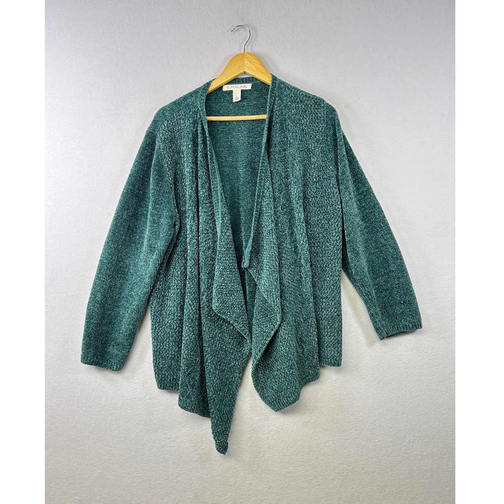 EMALINE Teal Chenille Open Front Waterfall Cardigan Sweater Size L Cozy